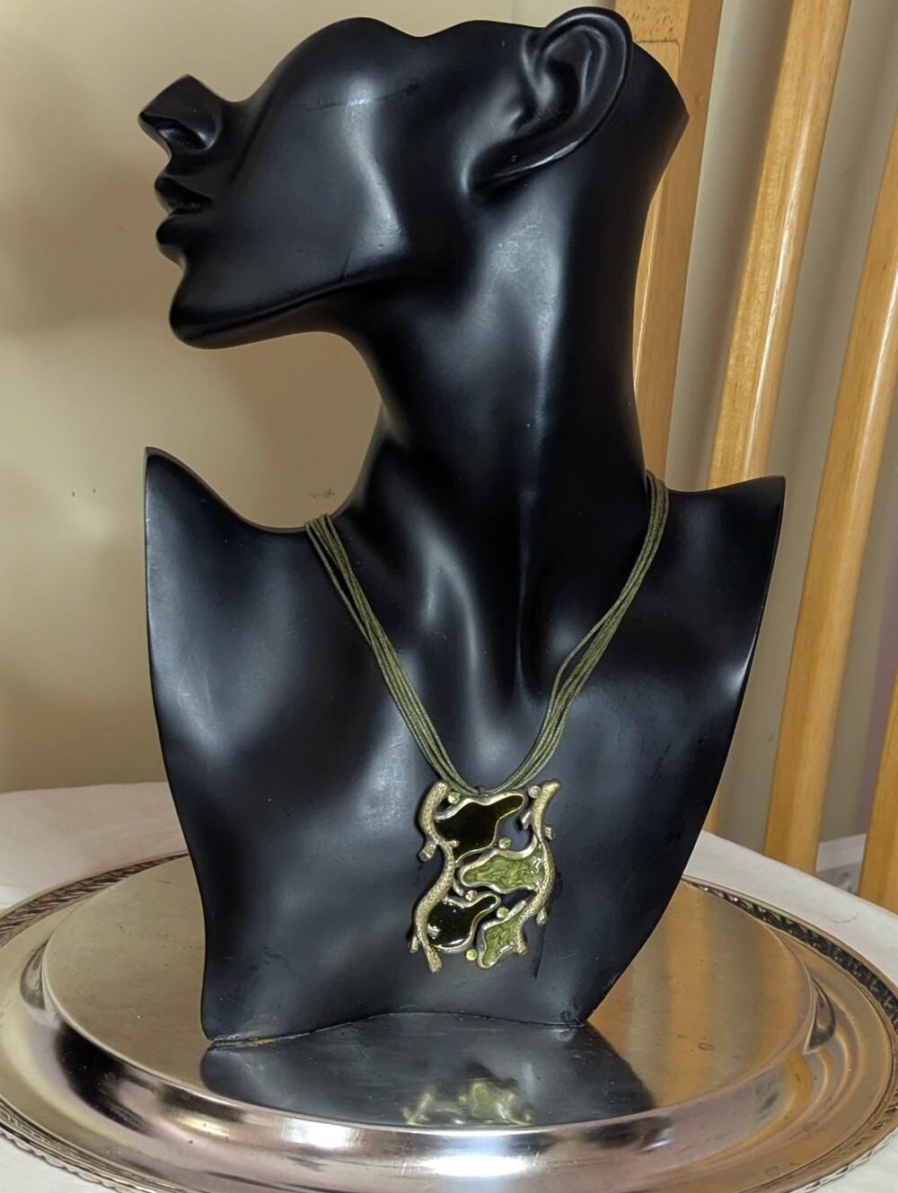 Vtg NOS Whimsigoth Earthy MossTwig Branch Statement Pendant Olive Cord Necklace